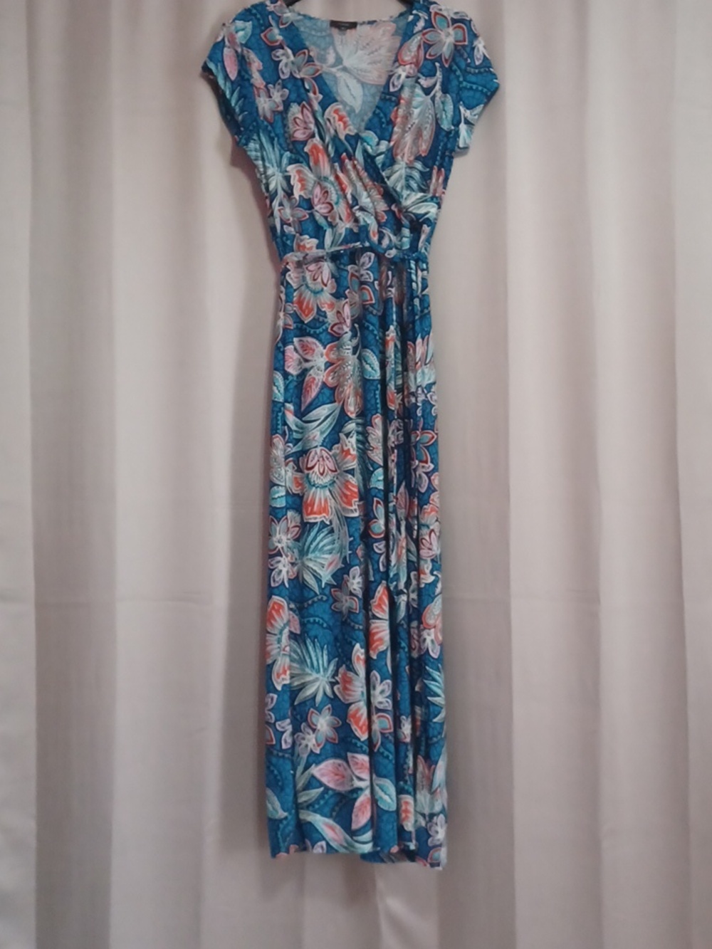 Cocomo Maxi Dress Faux Wrap Surplice VNeck Sash Belted Waist Cap Sleeves Stretch